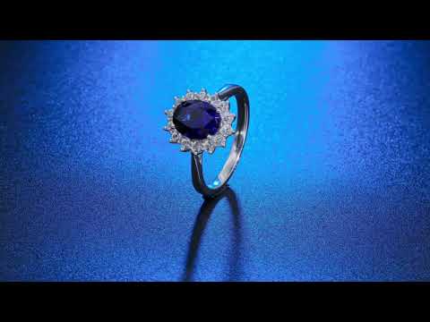 BOYA 2.84 CTW Oval Blue Sapphire Halo Promise Ring in 925 sterling sil